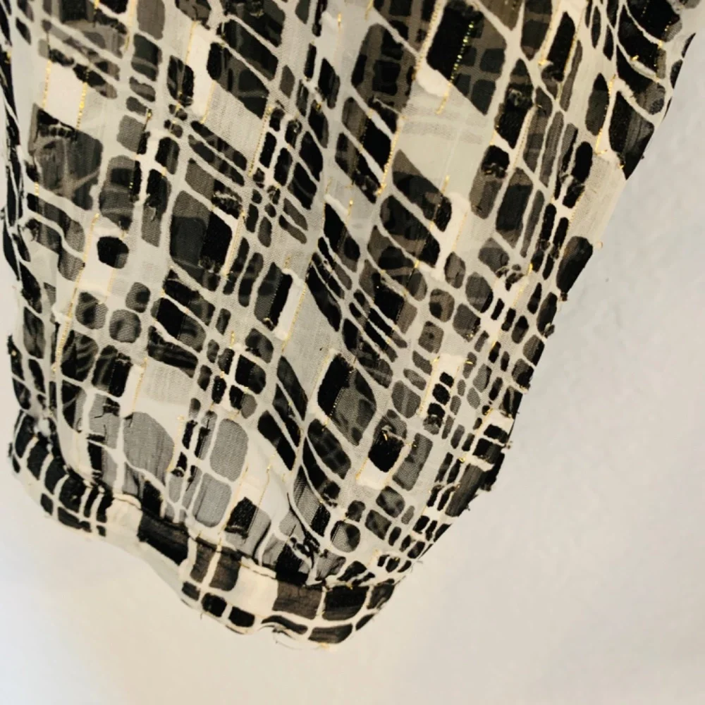 Chico's Blouse Size 3/US 16/18 Black White Metallic Gold Ruffle Front Semi Sheer